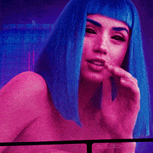 a woman with blue hair and a pink background