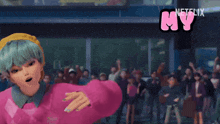 a cartoon girl in a pink sweater is dancing in front of a crowd with the words my little netflix written above her