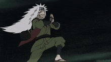 a cartoon of a ninja with a long white hair is jumping in the air in a dark room .