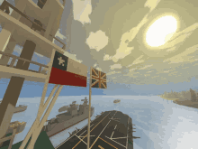 a flag with a cross on it is hanging from a pole in front of a body of water
