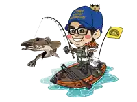 a cartoon of a man in a blue hat that says 2 times king of hoodoo gpx holding a fishing rod