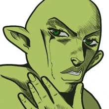 a drawing of a green elf with a hand on his neck