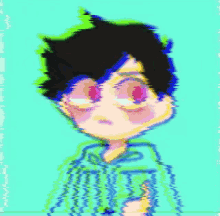 a drawing of a person with green and purple hair and glasses