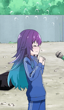 a girl with purple hair and blue stripes on her pants
