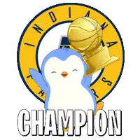 an indiana pacers logo with a penguin holding a basketball trophy