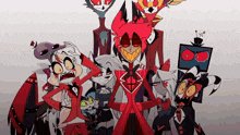 a group of cartoon characters are standing next to each other and looking at the camera .