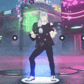 a cartoon character is dancing in front of a neon sign that says arcade