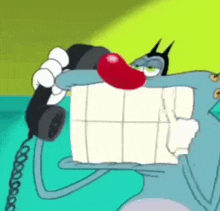 a cartoon cat is talking on a telephone with a big smile on his face .