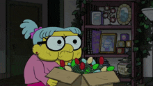 a cartoon of a woman holding a box of christmas lights