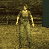 a woman in a video game is standing on a dirt ground
