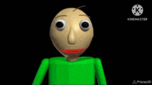 a cartoon character is wearing a green shirt and has a red mouth .