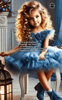 a little girl in a blue dress is sitting on a white chair