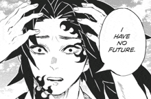 a black and white drawing of a person with a speech bubble that says " i have no future "