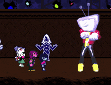 a group of pixel art characters are standing next to each other on a stage .