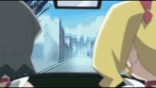 a cartoon of a woman driving a car looking out the window