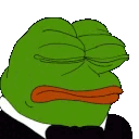 a green frog wearing a tuxedo and bow tie is making a sad face .