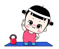 a cartoon girl is doing stretching exercises on a yoga mat next to a kettlebell .