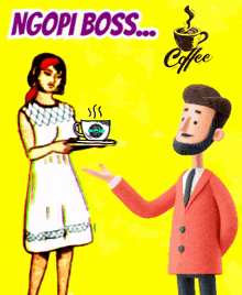 a cartoon of a woman holding a cup of coffee and a man holding a cup