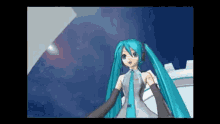 a cartoon character with blue hair and headphones is standing in front of a blue sky .