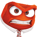 a red cartoon character with an angry face and a tie .
