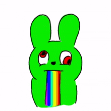green rabbit red eye rainbow puking