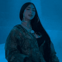 a woman with long black hair is wearing a choker and a jacket