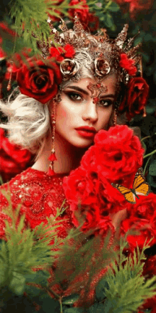 a woman with a crown on her head is holding red roses and a butterfly is flying around her .