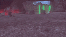 a video game scene with a green light in the background and a person in the foreground