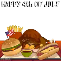 a happy 4th of july poster with a hamburger hot dog french fries and a turkey