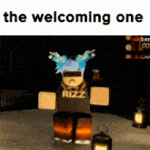 a cartoon character with the word rizz on his shirt is standing on a table .