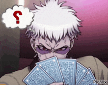 a man holding a bunch of playing cards with a question mark above him