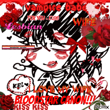 a drawing of a woman with red lips and the words vampire babe for you kiss lesbian kelly bloodstar canon kiss kiss