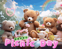 a group of teddy bears sitting at a table with the words happy picnic day written above them