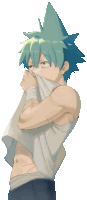 a drawing of a person with blue hair covering their face with a white towel