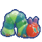 a pixel art of a green , blue and red caterpillar with purple ears .