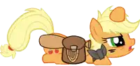 a cartoon pony with a brown bag around its waist