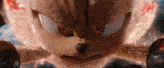a close up of sonic the hedgehog 's face with red eyes in a movie .