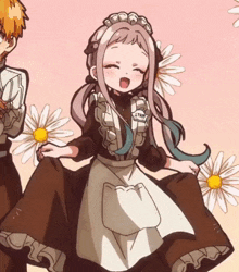 a girl in a maid costume has a name tag that says staff on it