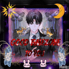 a man in a suit and tie is surrounded by butterflies and the words good timezone to you