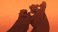 a drawing of two people dancing in front of a sunset