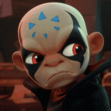 a cartoon character with a blue triangle on his forehead looks angry