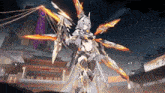 a girl in a futuristic outfit is standing in front of a building holding a sword