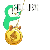 a cartoon of a penguin hanging from a gold coin with the word bullish above it