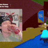 a man is drinking from a plastic bottle in a video game ..