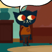 a cartoon cat with big red eyes and a speech bubble
