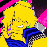 a cartoon of a girl with yellow hair and a blue shirt is smiling and looking at the camera .
