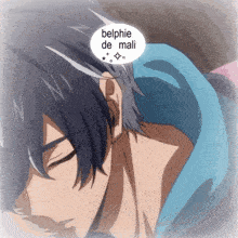 a sleeping anime character with a speech bubble that says belphie de mali on it