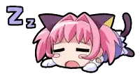 a cartoon of a girl with pink hair and a cat ear sleeping with the letters zzz below her