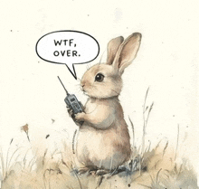 a drawing of a rabbit holding a cell phone with a speech bubble that says wtf over