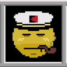 a pixel art drawing of a smiley face wearing a hat and smoking a pipe